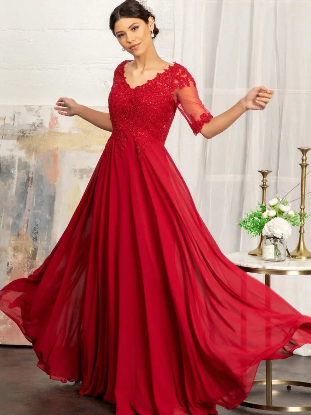 NEW BURGUNDY Chiffon & Mesh Evening Gown Floor Length GL1982